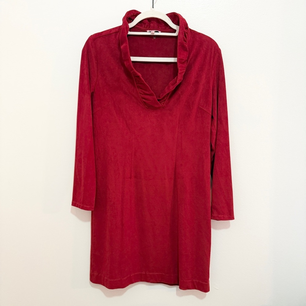Tyler Boe Constance Faux Suede Ruffle V-Neck Dress Small Red